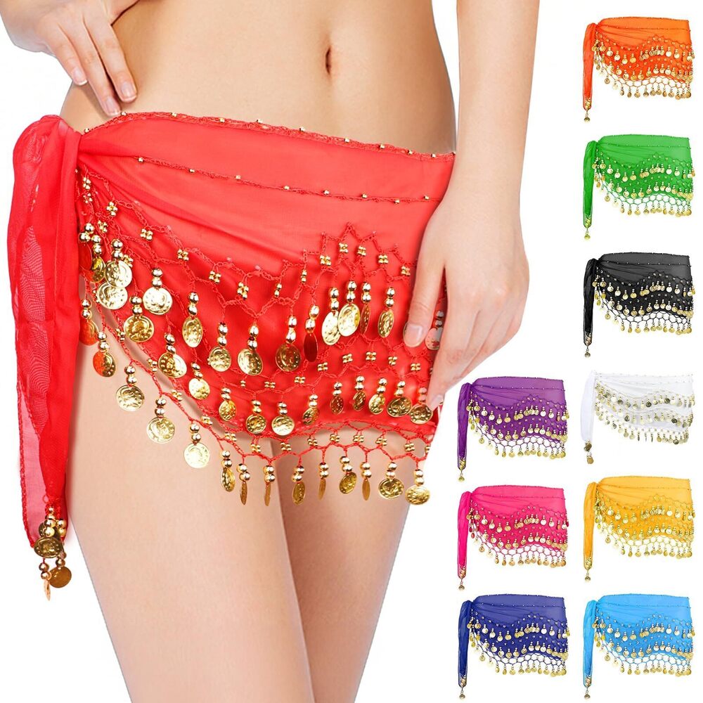 1406 Belly Dance Hip Scarf, Chiffon Belly Dancing Scarf with 128 Coins